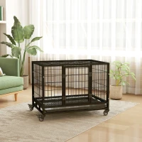 PawHut 36" Heavy Duty Dog Crate with Removable Tray, Lockable Wheels and Double Door, for Medium and Large Dogs, Black(m-8)