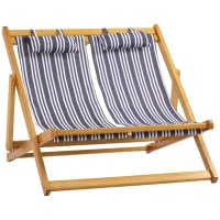 Outsunny 2-Person Sling Chair, Reclining Double Lounger for Patio, Beach, Camping, Lawn, Wood Folding Chair with Recliner Design for 2 Adults, White & Gray Stripes(m-1)