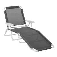 Outsunny Folding Lounge Chair, Portable Outdoor Chaise Lounge, Sun Tanning Chair with 4-Position Reclining Back, Armrests, Metal Frame and Mesh Fabric for Beach, Yard, Patio, Dark Gray(m-11)