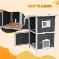 PawHut Outside Cat House Wooden Feral Cat House w/ Weatherproof Roof, Removable Floor, Escape Doors, for 1-2 Cats, Gray(m-7)