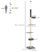 PawHut Floor To Ceiling Cat Tree, 5-Tier Cat Climbing Tower, 95''-106'' Height Adjustable with Carpeted Platforms, Cozy Bed(m-3)