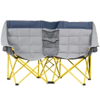 Outsunny Loveseat Style Camping Chair, Oversized Folding Lawn Chair with Carry Bag & Cup Holders, for Outdoor, Navy Blue & Gray(m-11)