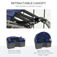 Outsunny 4 Piece Round Rattan Daybed Furniture Set, Canopy, Outdoor Sofa, 2 Chairs, Extending Table Ottoman Chair, Pillows, Blue(m-5)