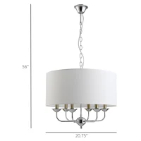 HOMCOM 6-Light Modern Chandelier Candle Pendant Light, Drum Fabric Lampshade for Dining Room, Bedroom, Kitchen, Living Room with Hanging Light Fixture, White(m-3)