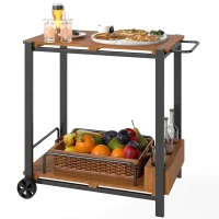 Outsunny Acacia Wood Outdoor Bar Cart with Wheels, Rolling 2-Tier Coffee & Drink Cart with 3 Bottle Holders, Teak(m-11)