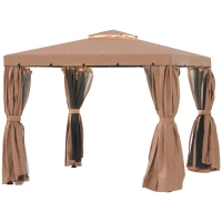Outsunny 9.7' x 9.7' Patio Gazebo, Aluminum Frame Double Roof Outdoor Gazebo Canopy Shelter with Netting & Curtains, for Garden, Lawn, Backyard and Deck, Brown(m-11)