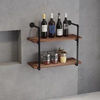 HOMCOM 2-Tier Industrial Pipe Shelves, Floating Wall Mounted Bookshelf, Metal Frame Display Rack for Living Room or Bedroom, Rustic Brown(m-10)