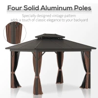 Outsunny 10' x 12' Hardtop Gazebo with Curtains and Netting, Permanent Pavilion Metal Double Roof Gazebo Canopy with Aluminum Frame and Hooks, for Garden, Patio, Backyard, Brown(m-4)