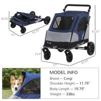 PawHut Pet Stroller Foldable Dog Cat Carriage with Adjustable Handlebar Brake, Storage Bag, Mesh Window, Safety Leash, Blue(m-3)