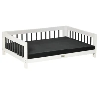 PawHut Wood Dog Bed with Supportive Cushion, Elevated Dog Bed with Removable Cushion Cover, Cute Dog Bed Frame with Pine Wood, Black and White Dog Bed(m-1)