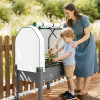 Outsunny Raised Garden Bed with PE Greenhouse Cover Outdoor Planter Box for Herbs and Vegetables, 35 x 22 x 47 inch, Dark Gray(m-9)