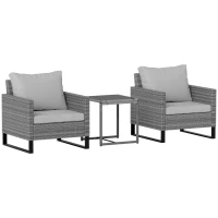 Outsunny 3PCS Patio Set, Wicker Bistro Set with Cushions, Rattan Chairs, Glass Coffee Table for Backyard, Porch, Balcony, Gray(m-1)