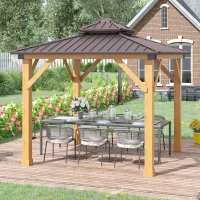 Outsunny 10' x 10' Hardtop Gazebo with Galvanized Steel Double Roof, Wooden Frame, Permanent Pavilion with Ceiling Light Hook, for Garden, Patio, Backyard(m-2)