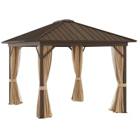 Outsunny 10' x 12' Hardtop Gazebo with Curtains and Netting, Permanent Pavilion Metal Single Roof Gazebo Canopy with Aluminum Frame and Hooks, for Garden, Patio, Backyard, Brown(m-1)