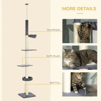 PawHut Floor To Ceiling Cat Tree, 5-Tier Cat Climbing Tower, 95''-106'' Height Adjustable with Carpeted Platforms, Cozy Bed(m-6)