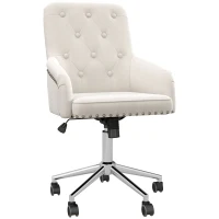 HOMCOM Modern Mid-back Desk Chair with Button Tufted Velvet Back, Nailhead Trim, Swivel Home Office Chair with Adjustable Height, Curved Padded Armrests, White(m-1)