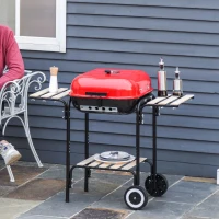 Outsunny Portable BBQ Grill Charcoal Grill with Wheels Bottom Shelf, 2 Tables and Adjustable Vents for Backyard Cooking, Red(m-10)