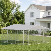 PawHut 13' x 13' x 6.5' Dog Kennel Outdoor for Small Medium Dogs with Waterproof Roof, Silver(m-9)