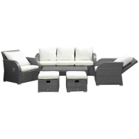 Outsunny 6-Piece Outdoor Rattan Patio Sectional Sofa Set with 3-Seat Couch, 2 Recliners, 2 Ottoman Footrests, & Coffee Table Conversation Set, Cream White(m-11)