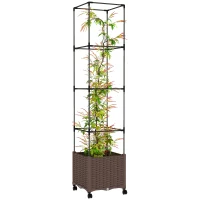 Outsunny Raised Garden Bed with Trellis, Tomato Cage with Lockable Wheels, Self Watering Planter Box with Drainage Holes, Brown(m-11)