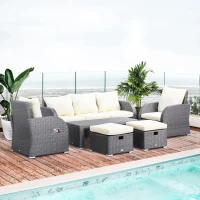 Outsunny 6-Piece Outdoor Rattan Patio Sectional Sofa Set with 3-Seat Couch, 2 Recliners, 2 Ottoman Footrests, & Coffee Table Conversation Set, Cream White(m-10)