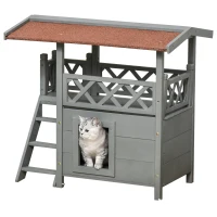 PawHut Wooden Cat House, 2-Floor Feral Cat Shelter, Kitten Condo Outdoor, Small Dog House with Balcony, Stairs, Asphalt Roof, Gray(m-11)