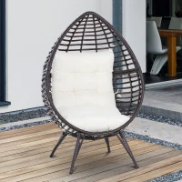 Outsunny Wicker Egg Chair, Oversized Indoor Outdoor Boho Lounge, Hand-Woven Water-Safe PE Rattan Furniture with Cushion, Beige(m-2)