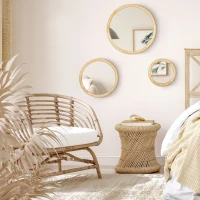 HOMCOM Set of 3 Wood Wall Mirror, Home Modern Round Mirror for Wall in Living Room, Bedroom, Natural(m-5)