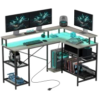 HOMCOM 59" L Shaped Desk with Storage, Corner Desk with LED Lights and Power Outlets for Home Office, Small Space, Gray(m-1)