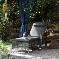 Outsunny Outdoor Chaise Lounge, 5-Level Adjustable Backrest Rattan Pool Lounge Chair with Wheels, Cushion & Headrest, Gray(m-2)