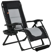 Outsunny Foldable Outdoor Lounge Chair with Footrest, Oversized Padded Zero Gravity Lounge Chair with Headrest, Side Tray, Cup Holders, Armrests for Camping, Lawn, Garden, Black(m-1)