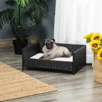 PawHut Rattan Pet Bed Raised Wicker Dog House Small animal Sofa Indoor & Outdoor with Soft Washable Cushion Black(m-2)