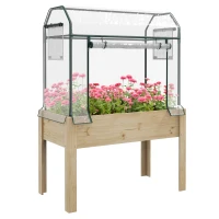 Outsunny Raised Garden Bed with Plastic Greenhouse Cover Outdoor Planter Box for Herbs and Vegetables, 45x24x65 inch Natural(m-11)