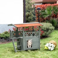 PawHut Wooden Cat House, 2-Floor Feral Cat Shelter, Kitten Condo Outdoor, Small Dog House with Balcony, Stairs, Asphalt Roof, Gray(m-2)