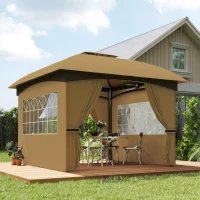 Outsunny 11' x 11' Outdoor Gazebo, Double Roof Patio Gazebo with Curtains, Church Windows, Galvanized Steel Frame, Beige(m-2)