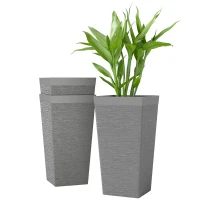 Outsunny 22.8 Inch Set of 3 Outdoor Planters with Stone Finish and Wheels, Stackable Tapered Planters with Drainage Hole, Gray(m-11)