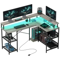 HOMCOM 59" L Shaped Desk with Storage, Corner Desk with LED Lights and Power Outlets for Home Office, Small Space, Gray(m-11)