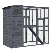 PawHut Large Cat House Outdoor Catio Wooden Feral Cat Shelter, Kitten Enclosure with Door, Cat Condo and Weather Protection Asphalt Roof, 77" L, Gray(m-11)