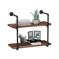 HOMCOM 2-Tier Industrial Pipe Shelves, Floating Wall Mounted Bookshelf, Metal Frame Display Rack for Living Room or Bedroom, Rustic Brown(m-14)