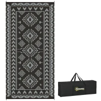Outsunny Reversible Outdoor Rug, Waterproof Plastic Straw with Carry Bag, 9' x 18', Black & Gray Rhombus Patchwork(m-11)