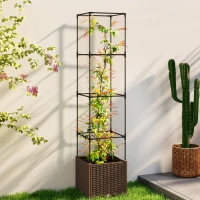 Outsunny Raised Garden Bed with Trellis, Tomato Cage with Lockable Wheels, Self Watering Planter Box with Drainage Holes, Brown(m-2)