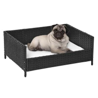 PawHut Rattan Pet Bed Raised Wicker Dog House Small animal Sofa Indoor & Outdoor with Soft Washable Cushion Black(m-1)
