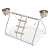 PawHut Portable Bird Play Perch Stand with Wooden Perch, Stainless Steel Feeding Bowls, & an Easy-Clean Tray, White(m-1)