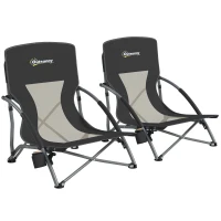Outsunny Set of 2 Folding Beach Chairs with Mesh Back, Carry Bag and Cup Holder for Outdoor Camping Lawn Sports Picnic, Black(m-11)