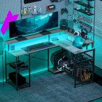HOMCOM 59" L Shaped Desk with Storage, Corner Desk with LED Lights and Power Outlets for Home Office, Small Space, Gray(m-9)