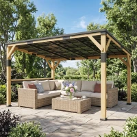 Outsunny 10' x 14' Wooden Gazebo, Hardtop Lean-to Gazebo Pergola with Galvanized Steel Sloped Roof, Bar Shelf, Natural Wood(m-2)