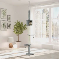 PawHut 100" Cat Tree Height Adjustable Floor-to-Ceiling 4-Tier Kitty Climbing Activity Center Condo Cat Toy with Scratching Post Hanging Balls Play Rest Post Pet Furniture Grey(m-10)