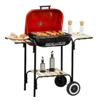 Outsunny Portable BBQ Grill Charcoal Grill with Wheels Bottom Shelf, 2 Tables and Adjustable Vents for Backyard Cooking, Red(m-11)