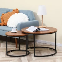 HOMCOM Round Nesting Tables Set of 2, Stacking Coffee Table Set with Metal Frame for Living Room, Dark Walnut(m-3)