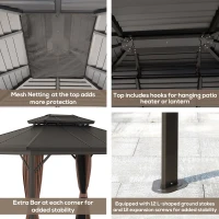 Outsunny 10' x 12' Hardtop Gazebo with Curtains and Netting, Permanent Pavilion Metal Double Roof Gazebo Canopy with Aluminum Frame and Hooks, for Garden, Patio, Backyard, Brown(m-6)